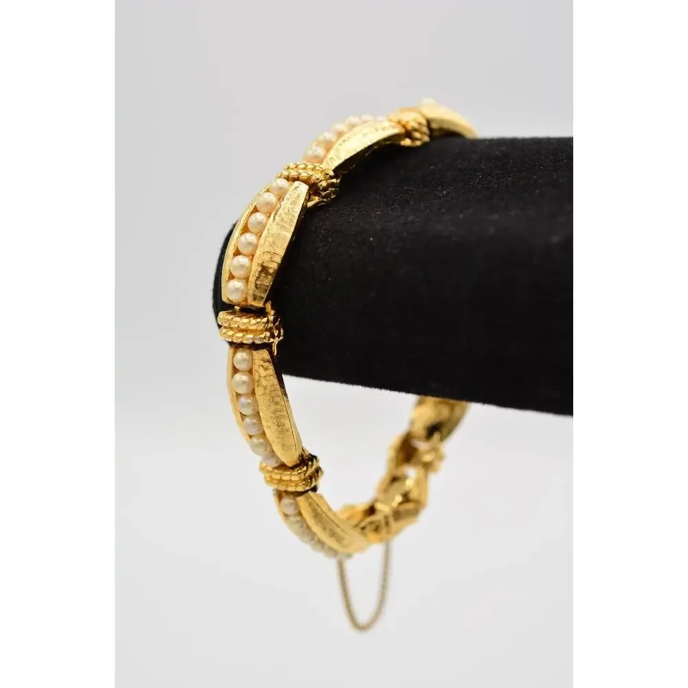 Vintage Linked Bracelet Brushed Gold Tone Pearl Inlay Chunky Heavy 1980s Bin5